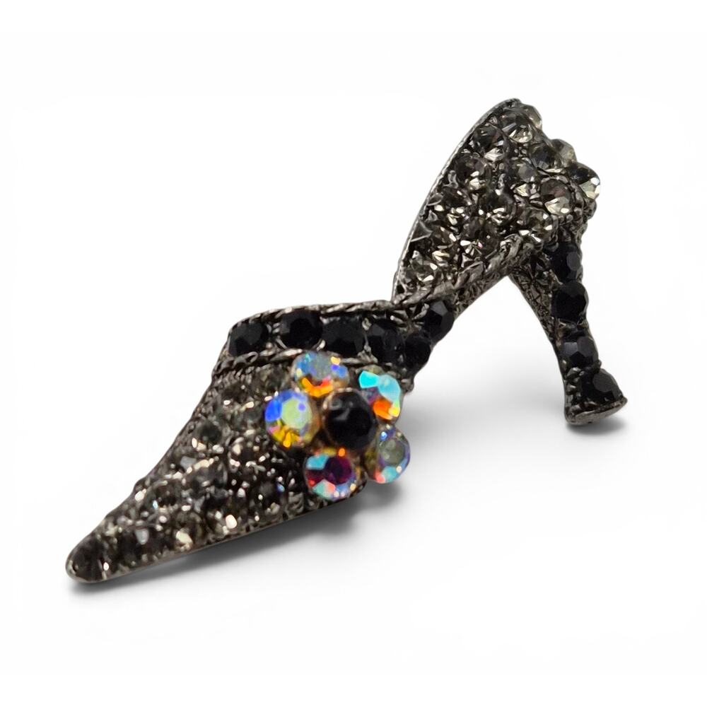 Vintage Rhinestone High Heel Shoe Brooch Pin Black AB Crystal Statement